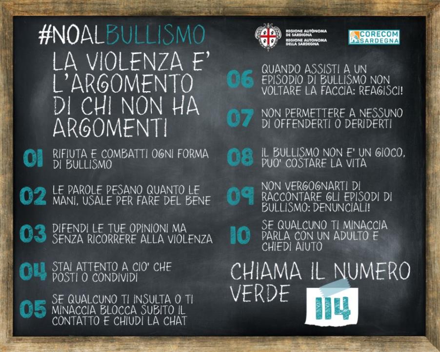 Dieci regole, in italiano e in limba, per dire #NOalbullismo e ad ogni forma di violenza, anche verbale, online e offline