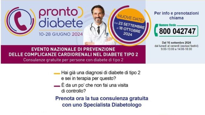 Riprende “Pronto Diabete”, campagna di prevenzione delle complicanze