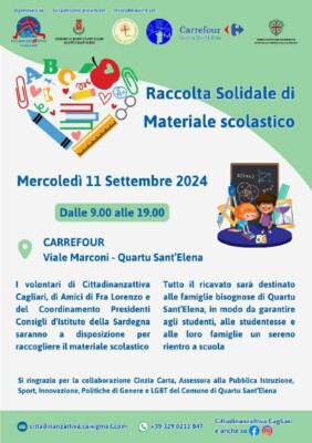 Raccolta solidale di materiale scolastico a Quartu: supporto alle famiglie bisognose 1 Locandina progetto di raccolta materiale scolastico
