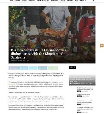 Singapore: Basilico presenta La Cucina Storica con i sapori della Sardegna